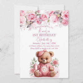 Invitation Boho Teddy Bear Girl Ours rose Floral Anniversaire