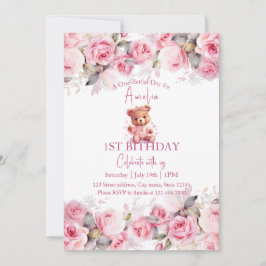 Invitation Boho Teddy Bear Girl Pink Bear Floral Birthday