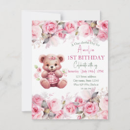 Invitation Boho Teddy Bear Girl Pink Bear Floral Birthday