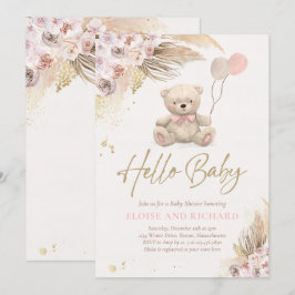 Invitation Boho Teddy Bear Girl Rose Bearly Wait Baby shower