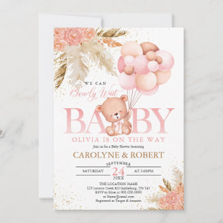 Invitation Boho Teddy Bear Girl Rose Bearly Wait Baby shower