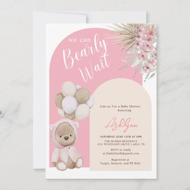 Invitation Boho Teddy Bear Girl Rose Bearly Wait Baby shower (Devant)