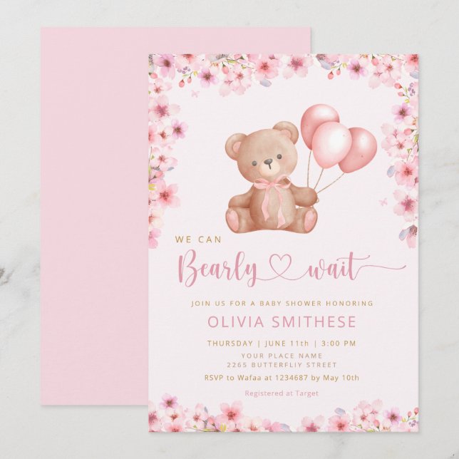 Invitation Boho Teddy Bear Girl Rose Bearly Wait Baby shower (Devant / Derrière)