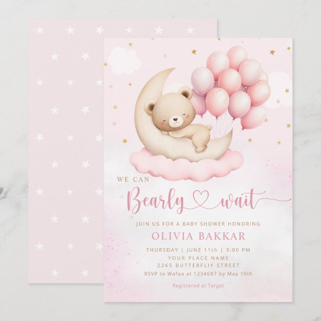 Invitation Boho Teddy Bear Girl Rose Bearly Wait Baby shower (Devant / Derrière)