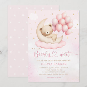 Invitation Boho Teddy Bear Girl Rose Bearly Wait Baby shower