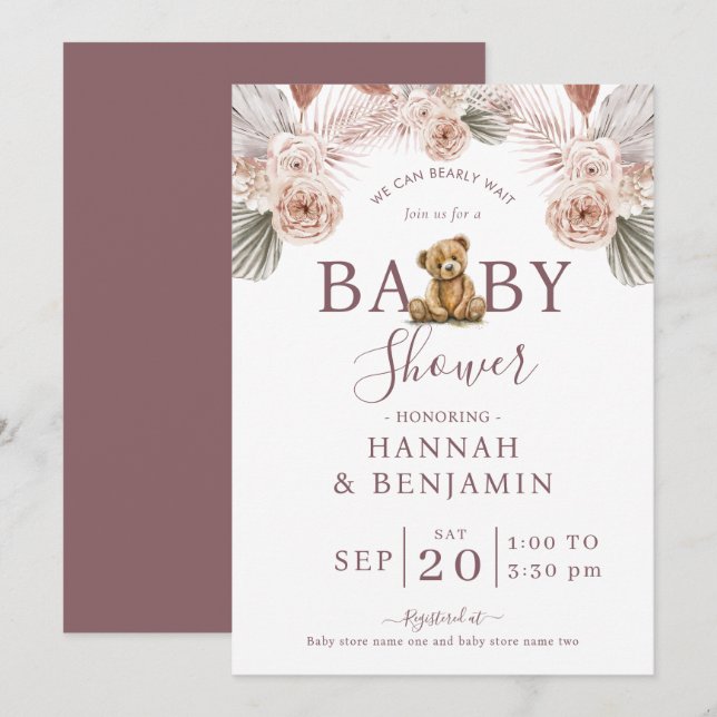 Invitation Boho Teddy Bear Girl Rose Bearly Wait Baby shower (Devant / Derrière)