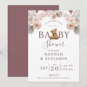 Invitation Boho Teddy Bear Girl Rose Bearly Wait Baby shower