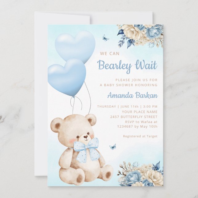 Invitation Boho Teddy Bear Nous Pouvons Bearly Wait Boy Baby  (Devant)