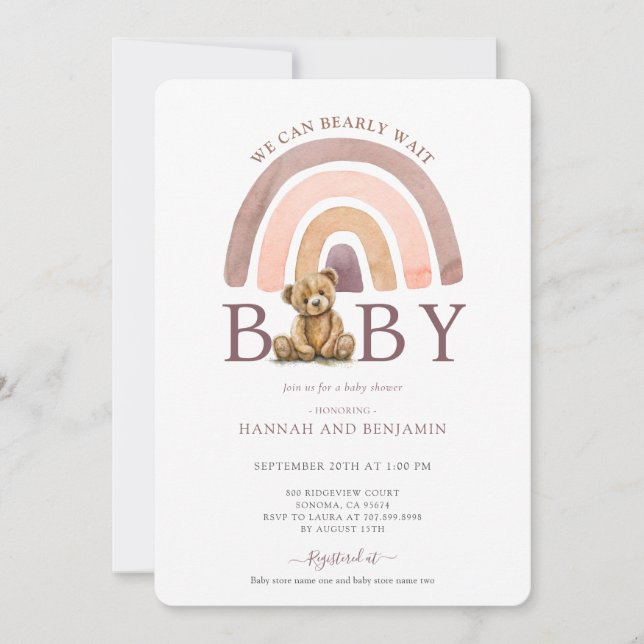 Invitation Boho Teddy Bear Rainbow Girl Baby shower rose (Devant)