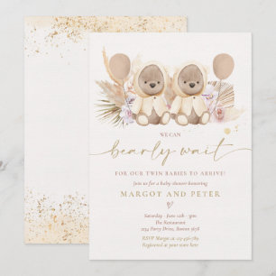 Invitation Boho Teddy Bear Sexe Baby shower jumeau neutre