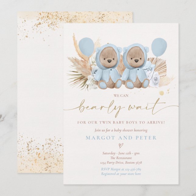 Invitation Boho Teddy Bear Twin Boys Bearly Wait Baby shower (Devant / Derrière)