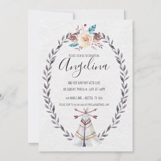 Invitation Boho Teepee Baby shower Aquarelle Flèches Invitati (Devant)