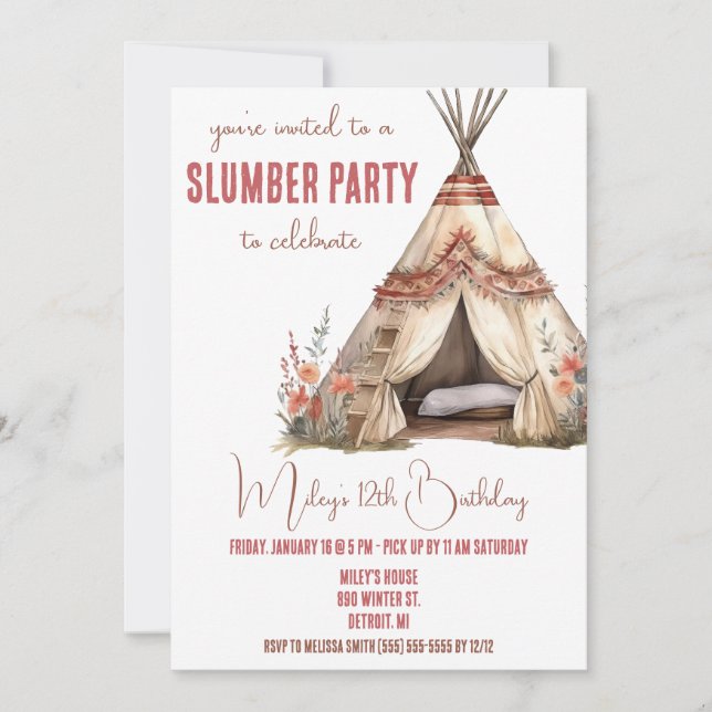 Invitation Boho TeePee Fête de bois d'oeuvre, Couche de nuit, (Devant)