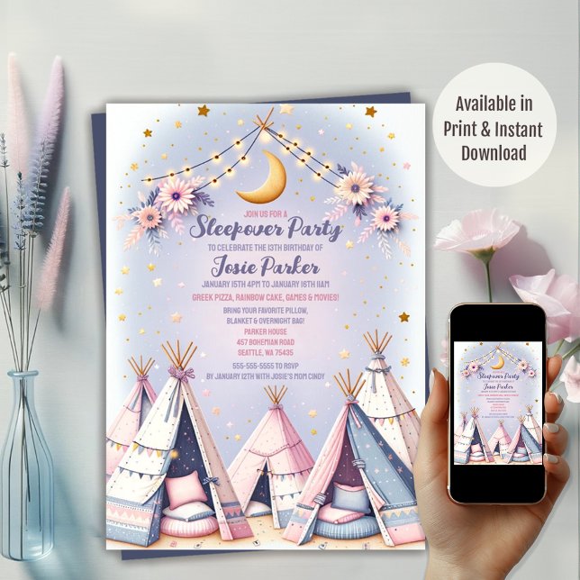 Invitation Boho Teepee Girl Sleepover Parti de bois d'oeuvre (Available in Print and Instant Download)