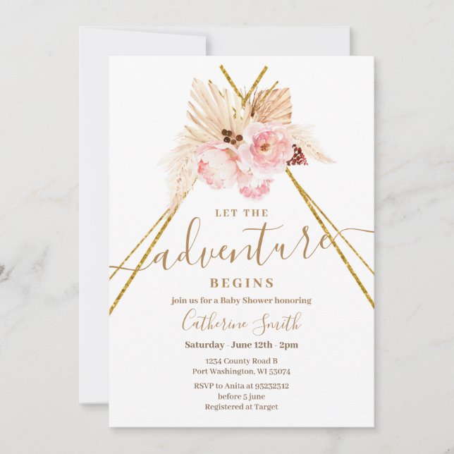 Invitation Boho Teepee Pampas Grass Adventure Baby shower (Devant)