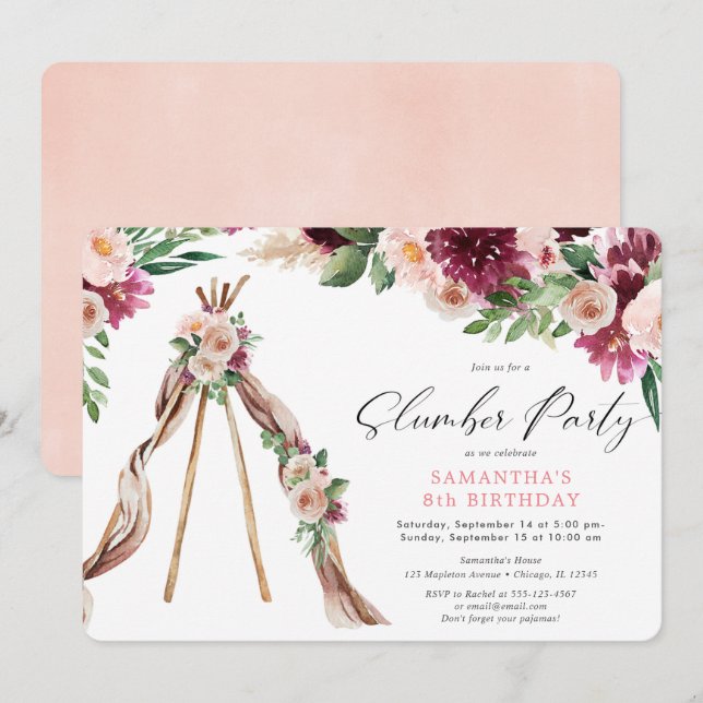 Invitation Boho teepepee fleurie tente sommeil fête (Devant / Derrière)