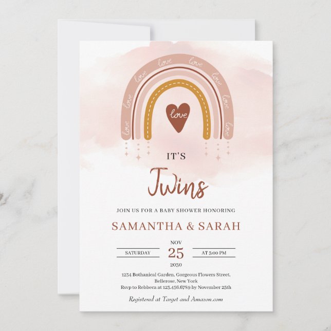 Invitation Boho tendance Blush Pink Rainbow C'est Twins (Devant)