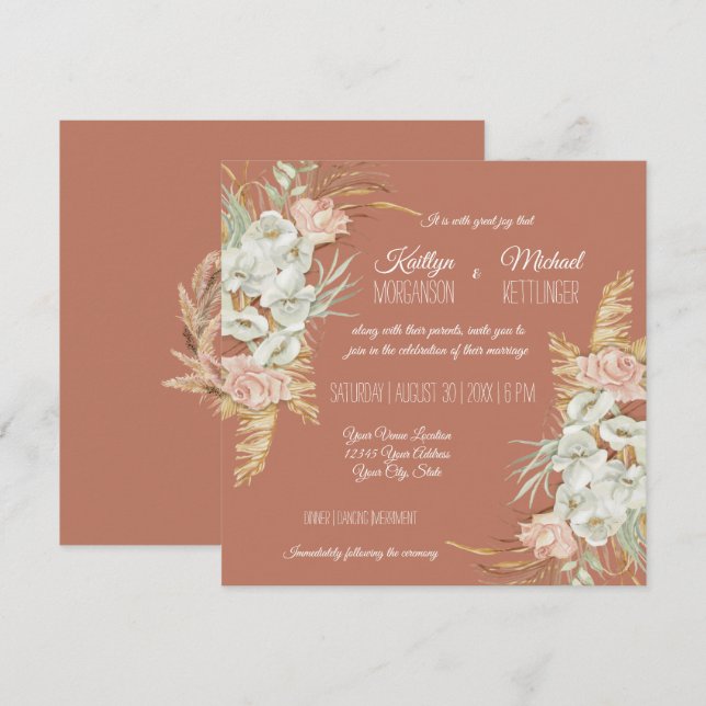 Invitation BOHO Terra Cotta Orchid Floral Pampas Palm Folio (Devant / Derrière)