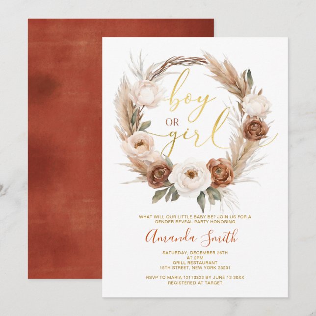 Invitation Boho Terracota Fleurs Garçon ou Fille Révélation d (Devant / Derrière)