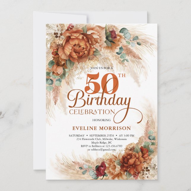 Invitation Boho terracotta brûlé orange pampas eucalyptus (Devant)