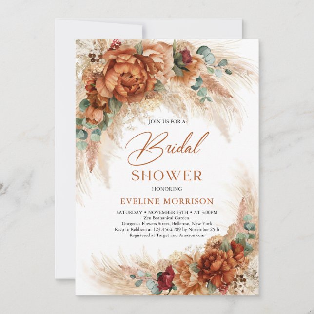 Invitation Boho terracotta brûlé oranger fleurs eucalyptus (Devant)