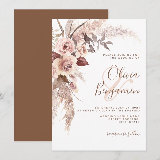 Invitation Boho Terracotta Crème de rouille Florale Mariage n (Devant / Derrière)