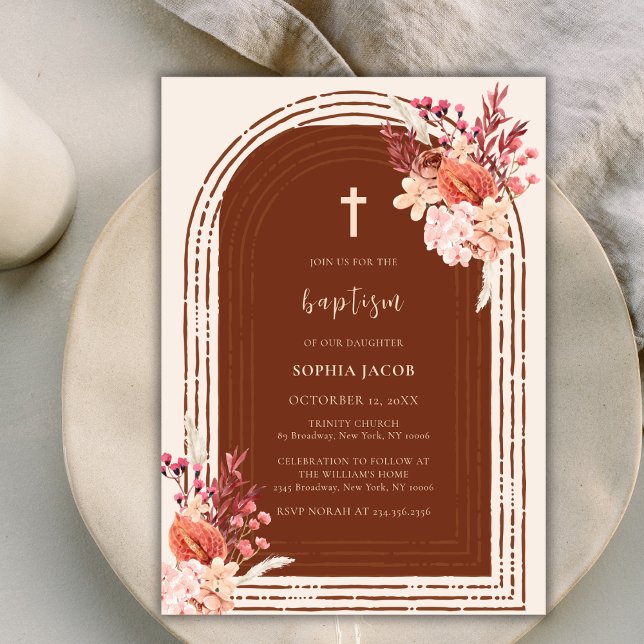 Invitation Boho Terracotta Floral Arch Cross Baptême (Modern Boho Terracotta Floral Arch Cross Baptism Invitation)