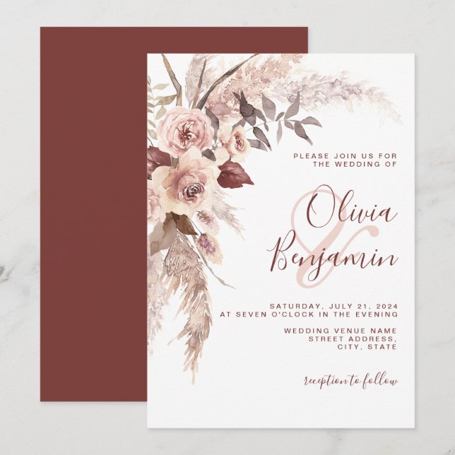 Invitation Boho Terracotta Floral Champagne Neutral Mariage (Devant / Derrière)