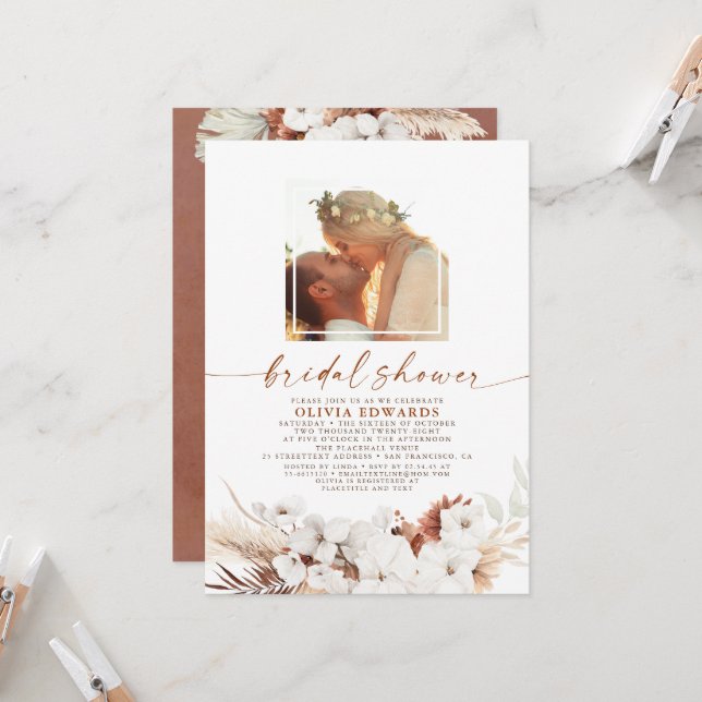 Invitation Boho Terracotta Floral Pampas Fête des mariées en  (Devant/Arrière en situation)