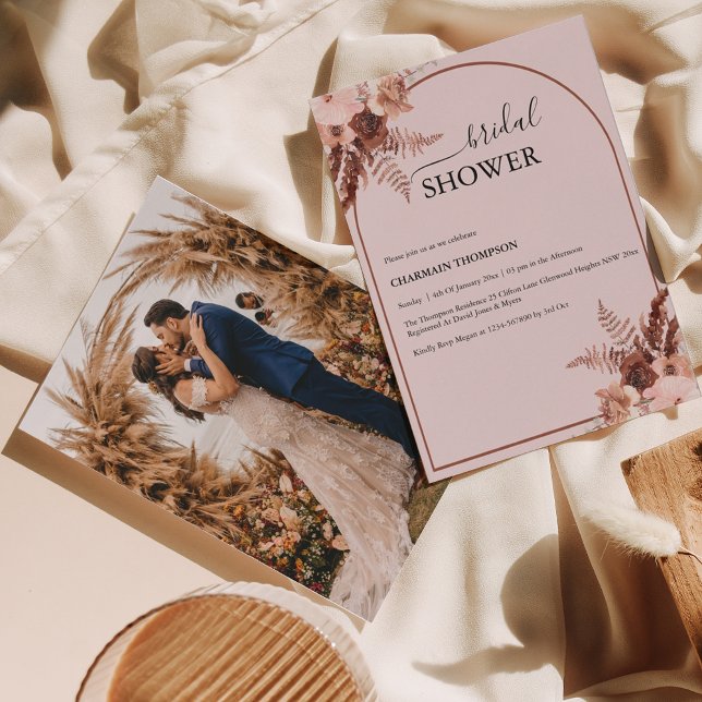 Invitation Boho Terracotta Grass Blush Pink Fête des mariées (Créateur téléchargé)