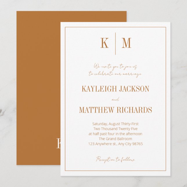 Invitation Boho Terracotta Monogram Elegant Wedding  (Devant / Derrière)