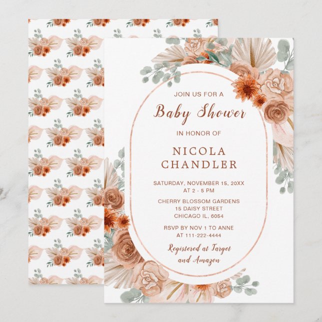 Invitation Boho Terracotta Pampas Baby shower en herbe (Devant / Derrière)