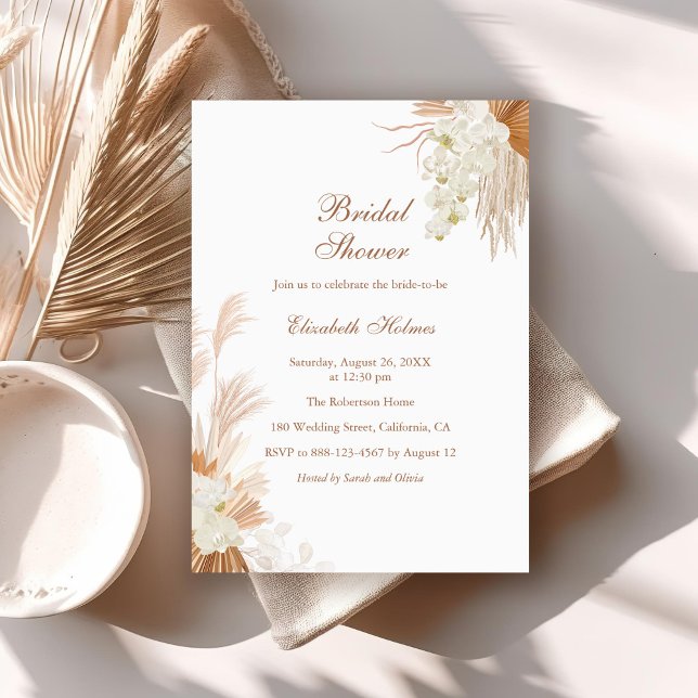 Invitation Boho Terracotta Pampas Grass Orchid Fête des marié (Boho Terracotta Pampas Grass Orchid Bridal Shower Invitation on boho table with dry palm leaf.)
