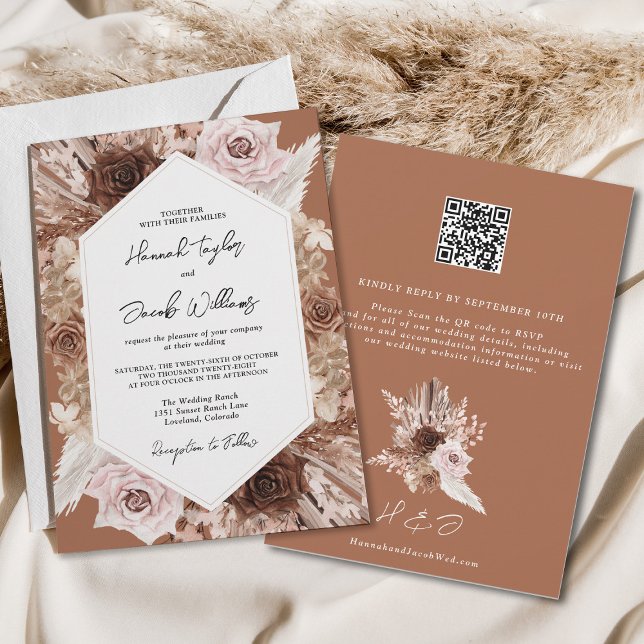 Invitation Boho Terracotta Pampas Grass QR Code RSVP Mariage (Créateur téléchargé)