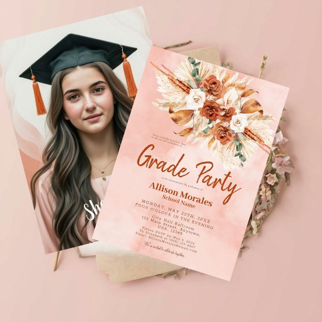 Invitation Boho Terracotta Peach Fuzz Pampas Graduation (Créateur téléchargé)