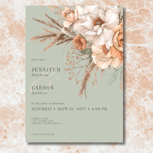 Invitation Boho Terracotta Pêche & Crème Floral Vert Mariage