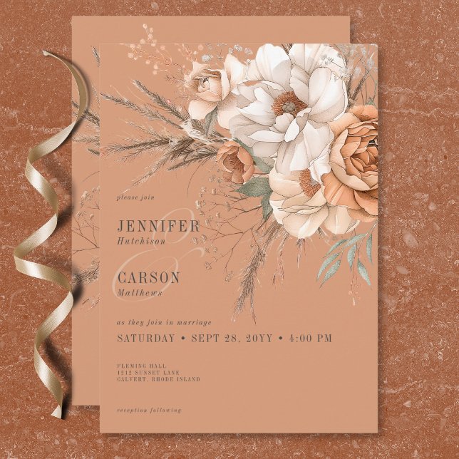 Invitation Boho Terracotta Pêche & Crème Mariage Floral (Boho Terracotta Peach & Cream Floral Wedding Invitation)