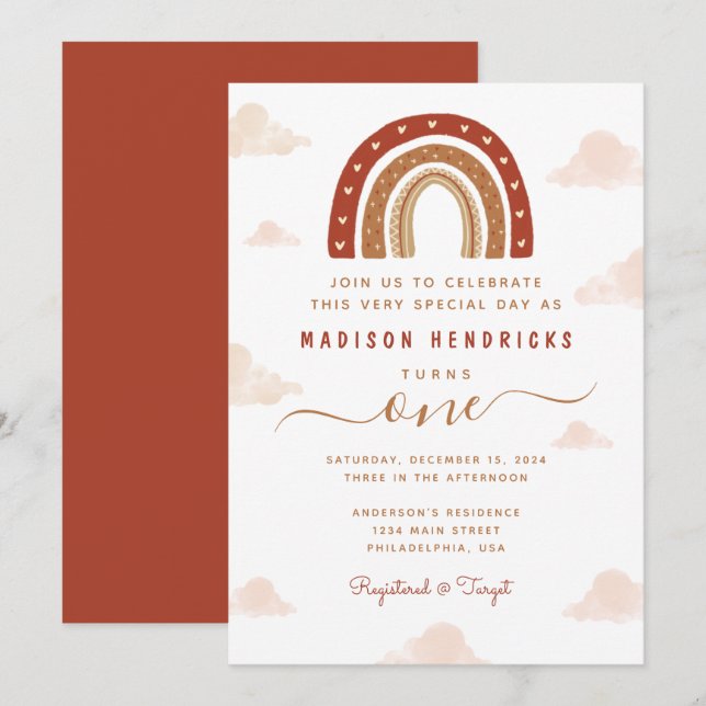 Invitation Boho Terracotta Rainbow Nuages 1er anniversaire (Devant / Derrière)