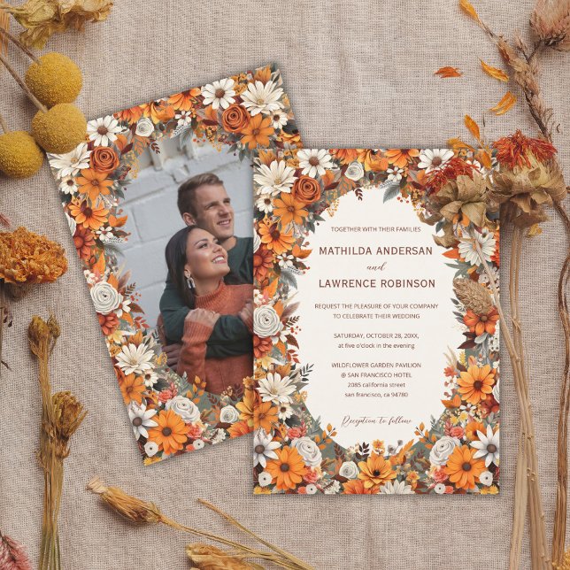 Invitation Boho Terracotta Sage Floral Photo Mariage de autom (Boho Burnt Orange Terracota Sage Foliage Floral Photo Fall Wedding Invitation)