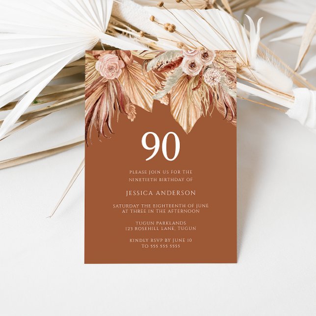 Invitation Boho Terracotta séché Floral 90e fête d'anniversai (Créateur téléchargé)