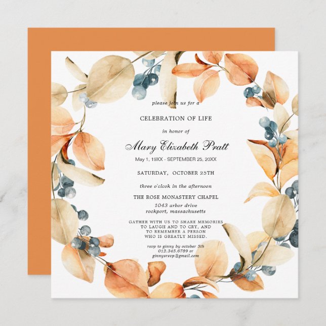 Invitation Boho Terracotta séché Palm Célébration de la vie d (Devant / Derrière)