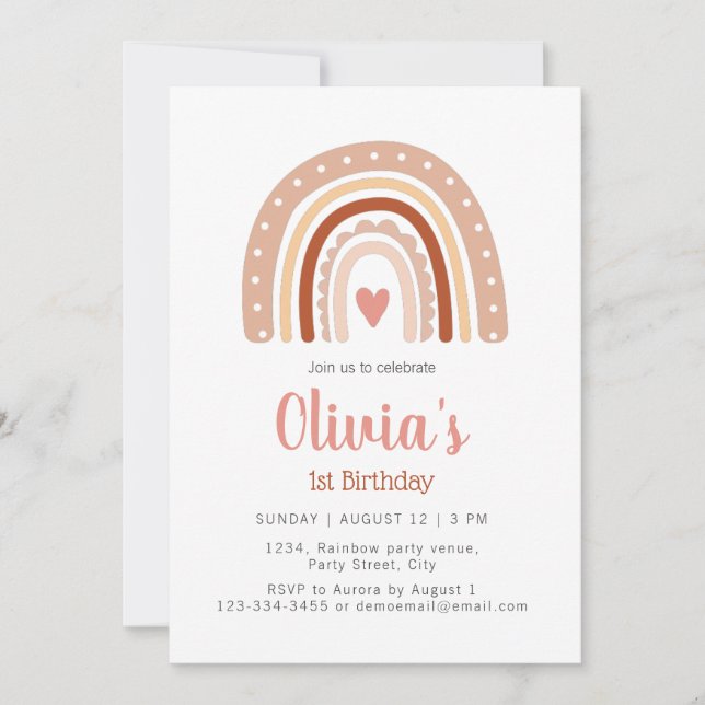 Invitation Boho Tone Tone Muet Arc-en-ciel 1er anniversaire (Devant)
