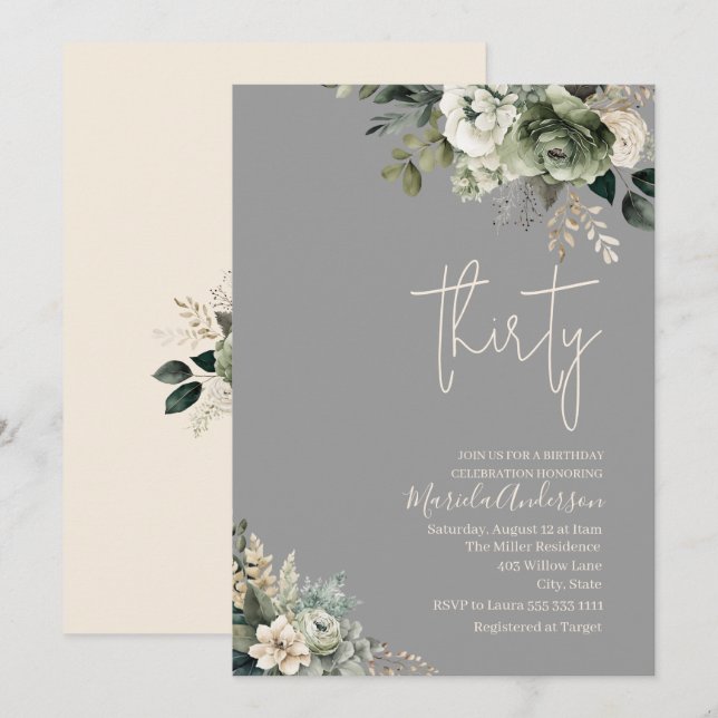 Invitation Boho trente sauge fleurs vertes aquarelle annivers (Devant / Derrière)