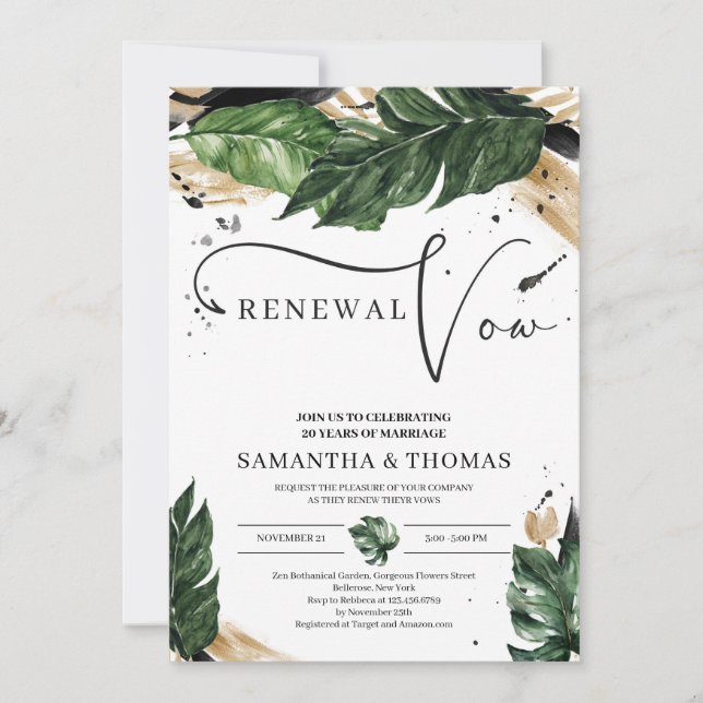Invitation Boho tropical feuille or noir renouveau voeu noir (Devant)
