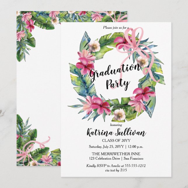 Invitation Boho Tropical Feuilles | Floral Graduation Party (Devant / Derrière)