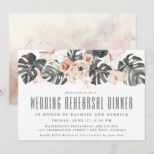 Invitation Boho Tropical Floral Mariage Dîner de répétition (Devant / Derrière)