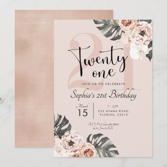 Invitation Boho Tropical Floral Vingt et un Anniversaire (Devant / Derrière)