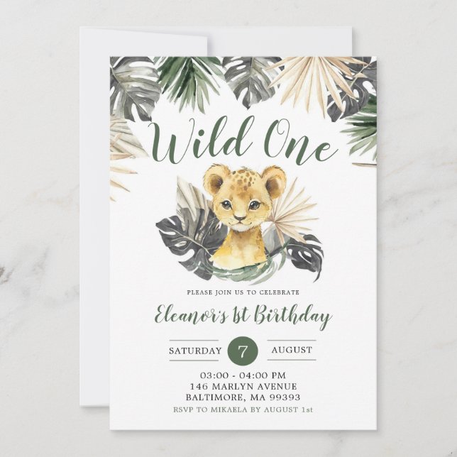 Invitation Boho Tropical Lion Cub Boy Wild Un Anniversaire (Devant)