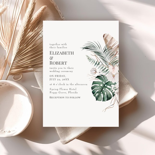 Invitation Boho Tropical Orchid et Monstera Mariage (Boho Tropical Orchid and Monstera Wedding Invitation on neutral boho table.)