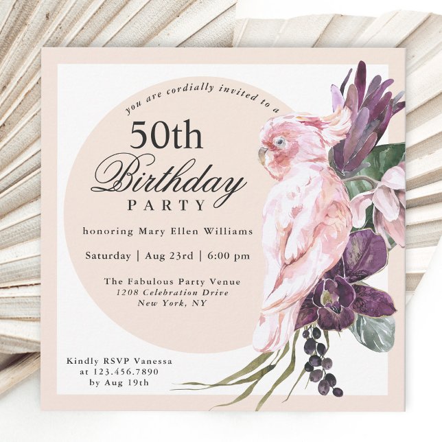 Invitation Boho Tropical Pink Parrot Floral 50e anniversaire (Créateur téléchargé)